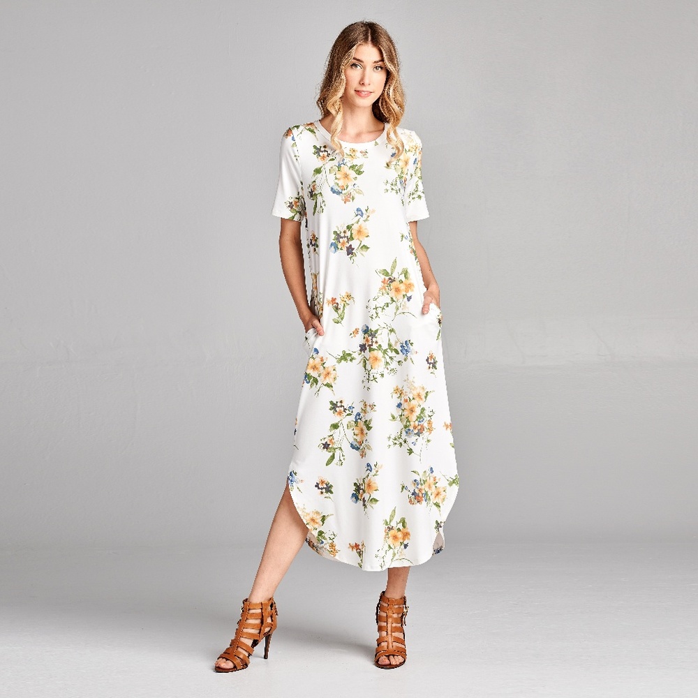 Ivory & Yellow Floral Curved-Hem Pocket Midi Dress